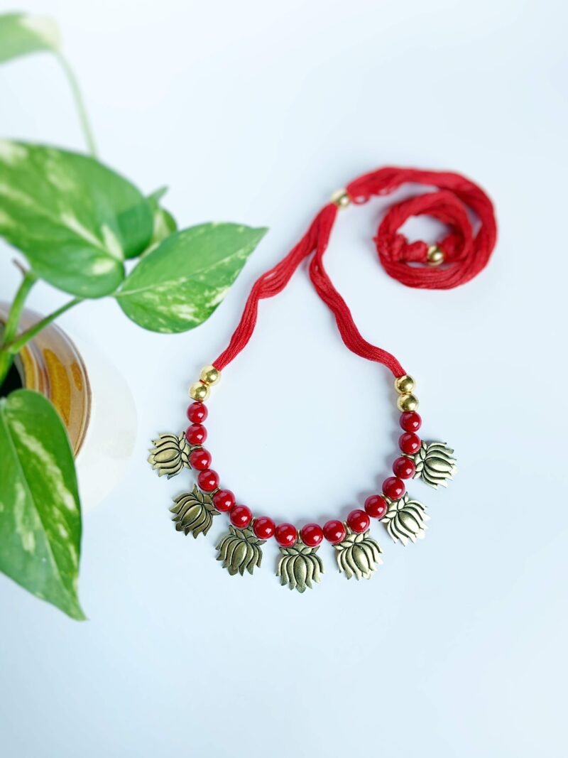 Red Beaded Necklace with Gold Lotus Charms