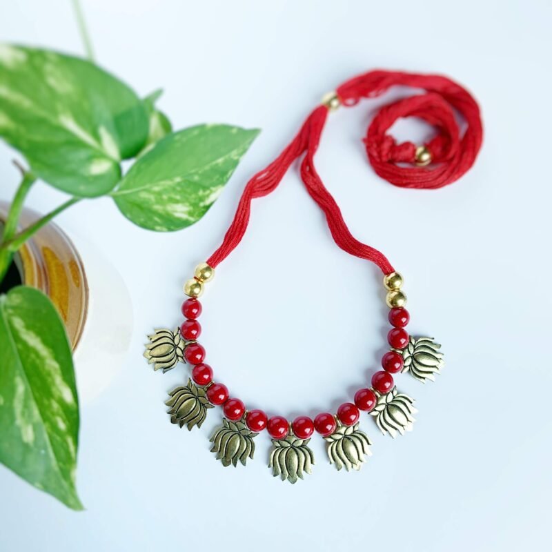 Red Beaded Necklace with Gold Lotus Charms